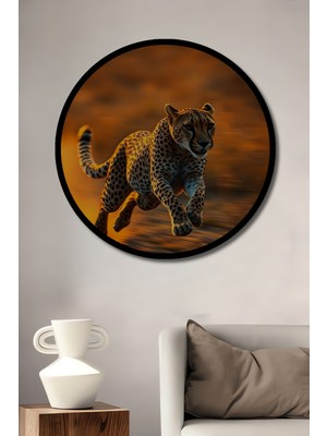 Petmudo AVM Hızlı Çita Yağlı Boya Görünümlü Ahşap Dekoratif Tablo Yuvarlak Duvar Tablosu Çerçeve Görünümlü