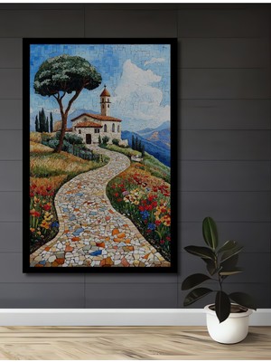 Petmudo AVM Italyan Köy Manzarası Mozaik Ahşap Ev,antre,salon,ofis,mutfak,yatak Odası Tablo Çerçeve Görünümlü