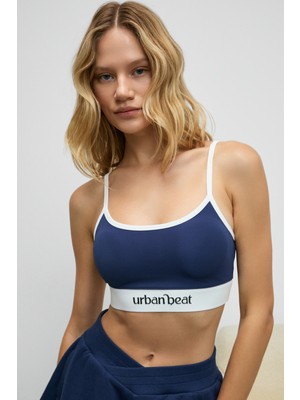 Urban Beat Metreon Kadın Yumuşak Esnek Dokulu Leopar Kontrastlı Göğüs Pedli Askılı Lacivert Spor Sütyeni