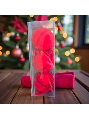 Yılbaşı Topu 8cm Kadife 3lü Fiyonklu Kırmızı AST7261