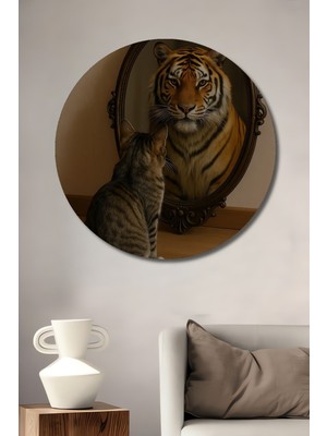 Petmudo AVM Aslan Kral Kedi Yavrusu Yağlı Boya Görünümlü Dekoratif Ahşap Tablo Yuvarlak Duvar Tablosu