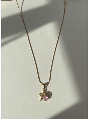 Aurrari Altın Kaplama Pembe ve Zirkon Yıldız Taşlı Çelik Kolyekolye