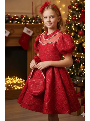 Riccotarz Kız Çocuk Yakası Inci Taş Işlemeli Üzeri Jakar Detaylı Balon Kollu Kabarık Kırmızı Abiye
