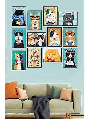 Kedi Tablo Seti 12 Parça Çerçenane Görüntülü Kedili Mdf Tablo Seti Manani, , Mavi, Tek Ebat
