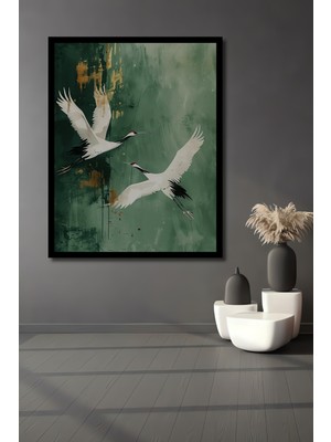 Petmudo AVM Kızıl Gerdanlı Turnalar Ile Altın Efektli Sulu Boya Görünüm Modern Sanat Ahşap Tablo Çerçeve Görünüm