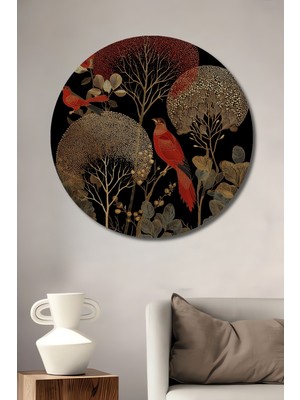 Petmudo AVM Görkemli Kırmızı Kuşlu Altın Ağaçlar Yağlı Boya Görünümlü Sanat Tablosu Yuvarlak Duvar Tablosu