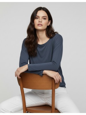 Beta Moda Hub Mavi Basic Uzun Kollu Viskon Kadın Bluz