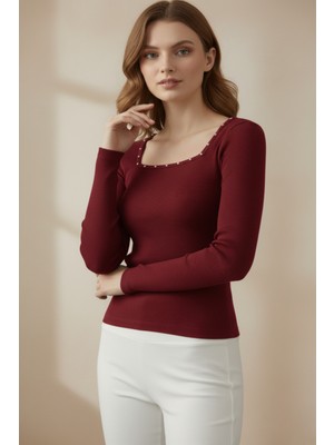 Beta Moda Hub Kare Yaka Inci Çakmalı Fitilli Kaşkorse Bluz - Bordo