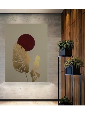 Petmudo AVM Altın Yaprak Kırmızı Güneş Sulu Boya Görünümlü Ahşap Dekoratif Ev,antre,salon,ofis,mutfak Tablo