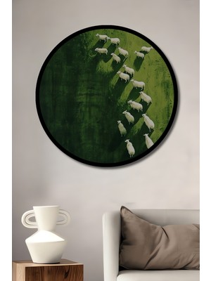 Petmudo AVM Yeşil Çayırda Sürülen Beyaz Koyunlar Suluboya Görünümlü Ahşap Tablo Yuvarlak Tablo Çerçeve Görünümlü