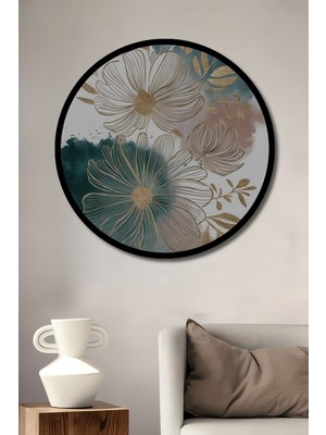 Petmudo AVM  Altın Çiçek Tasarımlı Sulu Boya Görünüm Ahşap Tablo Yuvarlak Duvar Tablosu Çerçeve Görünüm