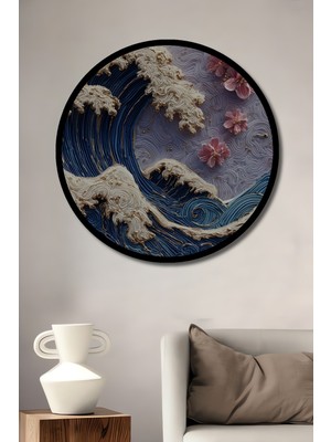 Petmudo AVM Dev Dalga ve Kiraz Çiçekleri Sanat Tablosu Yuvarlak Duvar Tablosu Çerçeve Görünümlü