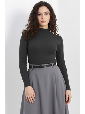 Beta Moda Hub Gold Düğmeli Balıkçı Yaka Fitilli Kaşkorse Bluz - Antrasit