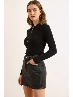 Beta Moda Hub Siyah Fermuarlı Polo Yaka Kaşkorse Pamuklu Bluz