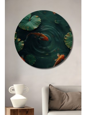 Petmudo AVM Saklı Bahçe Koi Balığı Yağlı Boya Görünümlü Ahşap Dekoratif Tablo Yuvarlak Duvar Tablosu