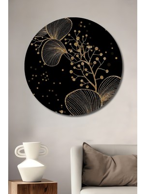 Petmudo AVM Altın Varaklı Yaprak Dallar Modern Sanat Ahşap Dekoratif Tablo Yuvarlak Duvar Tablosu