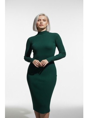 Beta Moda Hub Kadın Balıkçı Yaka Yeşil Uzun Elbise