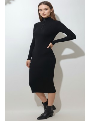 Beta Moda Hub Kadın Fermuarlı Siyah Uzun Elbise