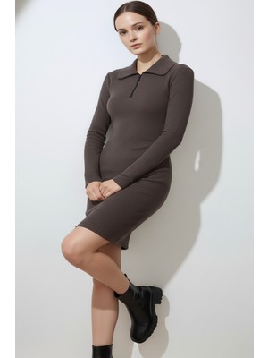 Beta Moda Hub Kadın Kahverengi Önü Fermuarlı Kısa Elbise