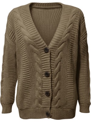 Beta Moda Hub Kadın Kahve Düğmeli Kısa Triko Hırka – Burgulu Örgü Desenli