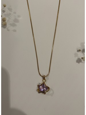 Aurrari Altın Kaplama Mor Yıldız ve Zirkon Taşlı Çelik Kolyekolye