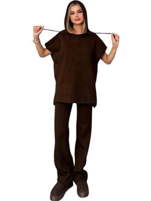 Kechı Woman Kapşonlu Yarım Kol Kahverengi Triko Takım