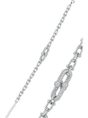 Söğütlü Silver 925 Ayar Gümüş Bileklik Rodyumlu Zirkon Taşlı Trend U Model Zincir Bileklik  SGTL13236RODAJ