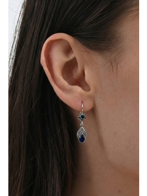 Söğütlü Silver 925 Ayar Gümüş Küpe Oksitli Telkari Lacivert Taşlı Damla Sallantılı Küpe SGTL13241LACIVERT