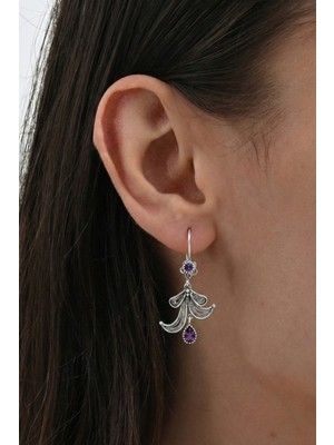 Söğütlü Silver 925 Ayar Gümüş Küpe Oksitli Mor Damla Taşlı Lale Motifli Telkari Küpe SGTL13240MOR