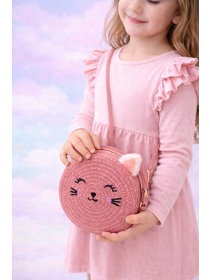 Selvira Kız Çocuk Hasır Kedi Figürlü Omuz Çantası – Yuvarlak Tasarım, Ayarlanabilir Askılı, Hafif ve Şık