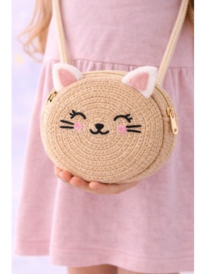 Selvira Kız Çocuk Hasır Kedi Figürlü Omuz Çantası – Yuvarlak Tasarım, Ayarlanabilir Askılı, Hafif ve Şık
