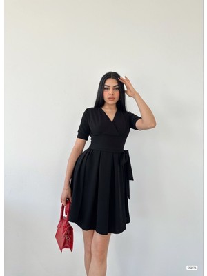 Rengamoda Kadın Kruvaze Yaka Kısa Kol Mini Kloş Elbise