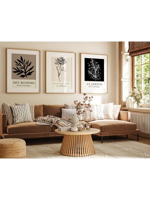 Pam Studio Minimalist Siyah Beyaz 3’lü Botanik Çiçek Tablo Seti – Ahşap Çerçeveli Modern Duvar Dekoru"