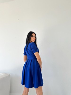 Rengamoda Kadın Kruvaze Yaka Kısa Kol Mini Kloş Elbise