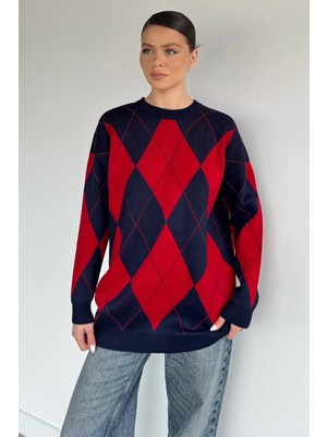 Gülseli Kadın Bisiklet Yaka Ekose Desenli Triko Kazak P-00020263