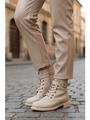 Ayakmod 209151 Z Bej Cilt Soğuğa Dirençli Polarlı Tokalı  Kadın Bot