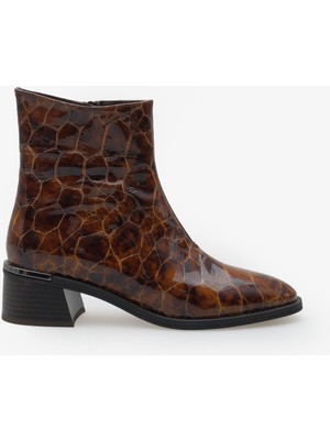 Floris Hakiki Deri Kadın Kroko Desen Bilek Boy Bot - Kahve Kroko
