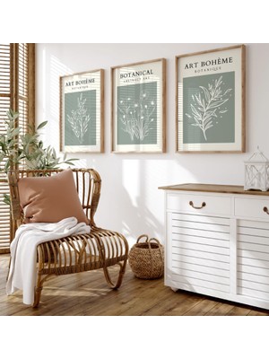 Pam Studio Botanik 3’lü Ahşap Çerçeveli Duvar Tablosu Seti – Yeşil Zeminli Minimal Çiçek Illüstrasyon Poster