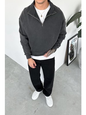 Koyu Gri Acid Wash Yarım Fermuar Oversize Sweatshirt