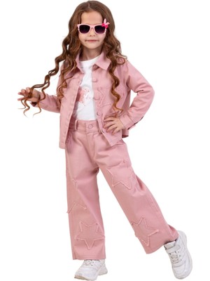 İrem Çocuk Giyim Kız Çocuk Gabardin Kumaş Yıldız Detaylı Ceket Tişört Pantolon Üçlü Takım