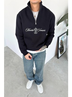 Lacivert Baskılı Yarım Fermuar Oversze Sweatshirt