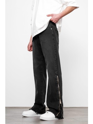 Füme Yarım Fermuar Yırtık Paça Gd Baggy Pantolon