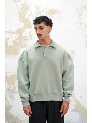 Buz Yeşil Cozy Basic Oversize Polo Yaka Sweatshirt