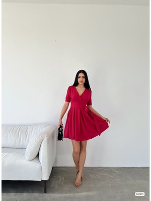 Rengamoda Kadın Kruvaze Yaka Kısa Kol Mini Kloş Elbise