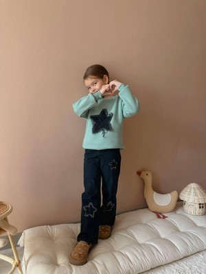 Cg Kids Yıldız Jean Nakışlı 3 Iplik Şardonlu Sweatshirt Yıldız Işlemeli Jean Pantolon Beli Lastikli Alt Üst Süper Kalite Takım
