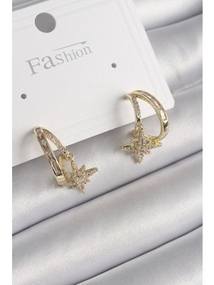 Pirinç Gold Renk Zirkon Taşlı Halka Model Yıldız Detay Kadın Küpe - Lisinya