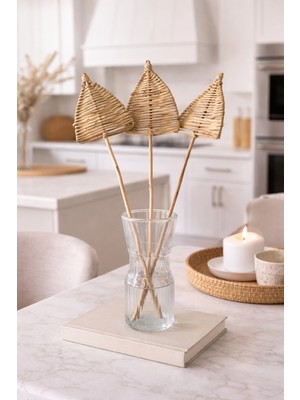 B'Clara Home 3'lü Üçgen Örme Rattan Lata Spear Krem Tropikal Doğal Kuru Çiçek