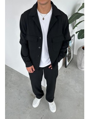 Siyah Ince Fitilli Relaxed Ceket