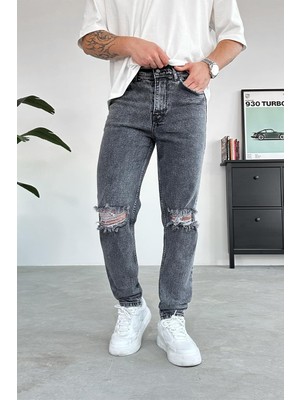Koyu Gri Dizi Yırtık Regular Pantolon