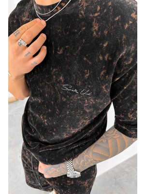 Lacivert Ince Fitilli Batik Nakış Detay Oversize Tişört